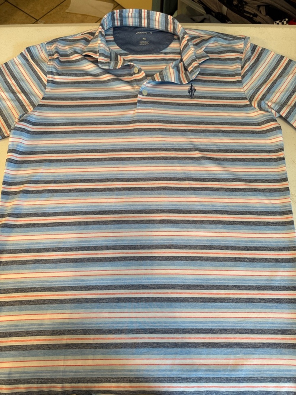 johnnie-O Short Sleeve Striped Polo in Blue, White & Orange